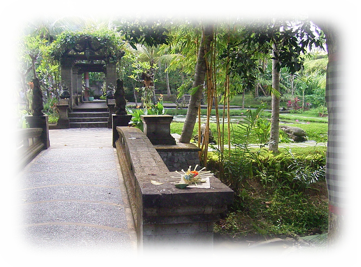 Arma Resort Hotel of Ubud, Bali: Canang is set on the stone bridge of the pond as the Morning offerings. 