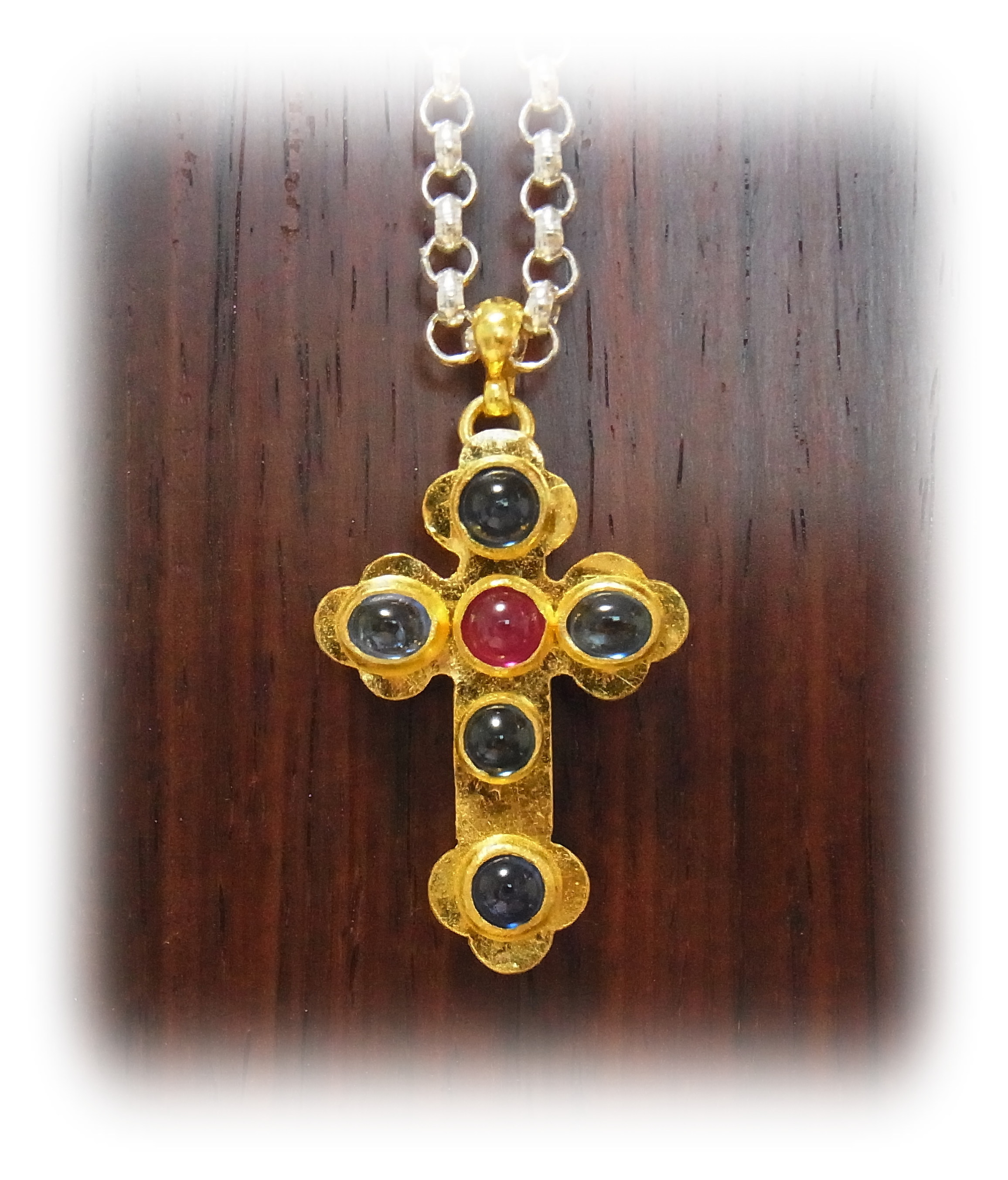 Byzantine gold cross with gemstones: Center stone is Ruby, others Blue Sapphire.