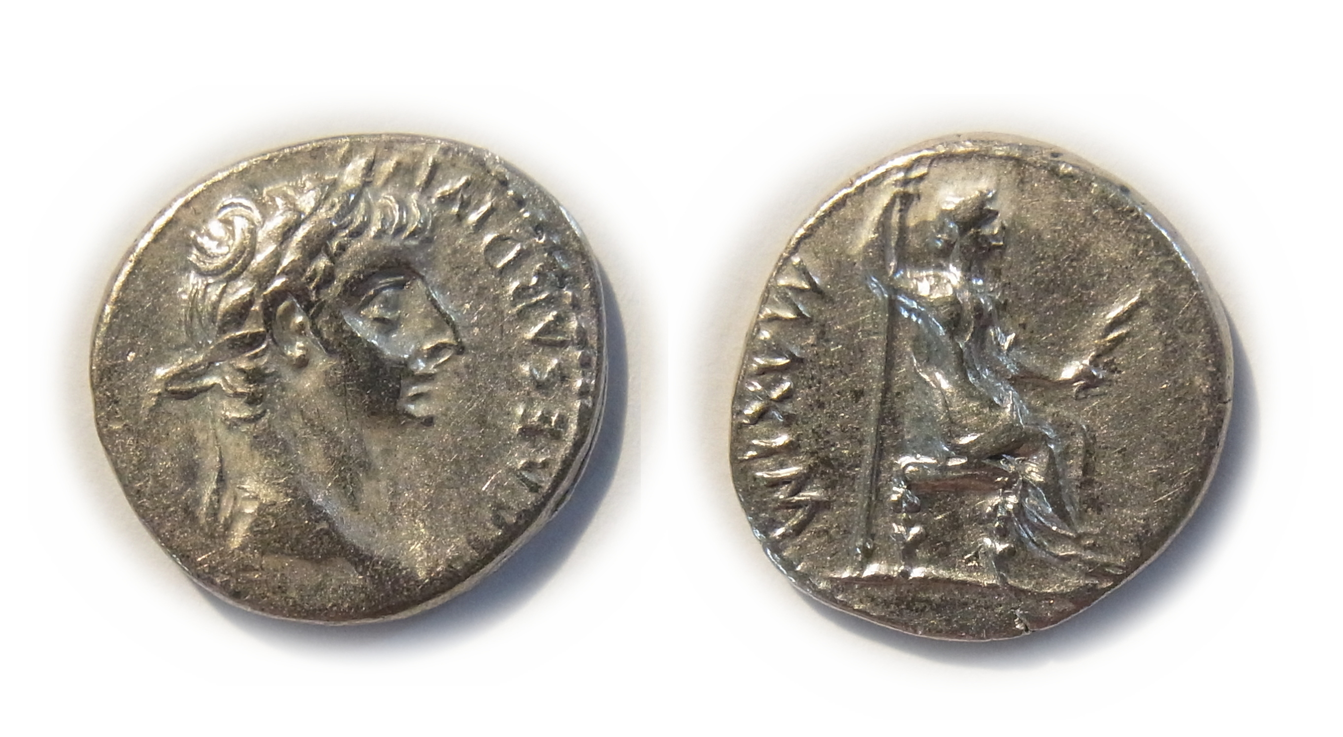 Silver coin, Roman Empire, Denarius, Tiberius Caesar Augustus, Roman emperor